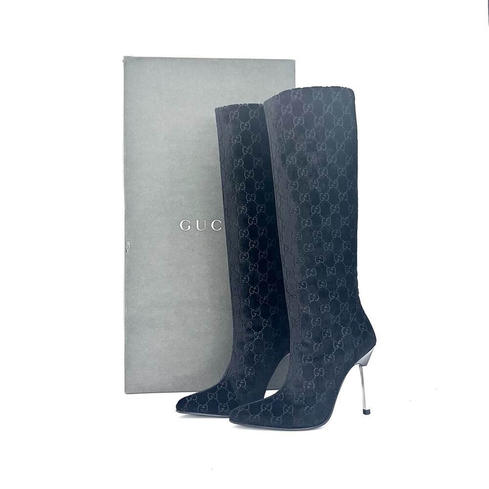 Gucci Tom Ford GG Monogram Velvet Black Knee High Pointed Toe Heeled Boots 6 - Picture 2 of 12